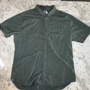 Level 10 Men Large Short Sleeve Button Dark Green Geometric Print Casual Shirt